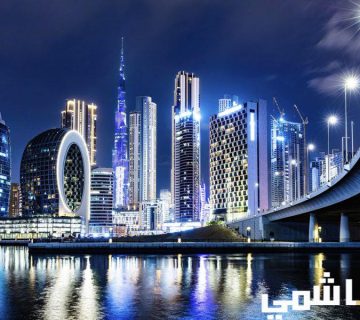 Dubai skyline at night with illuminated skyscrapers and bridge.