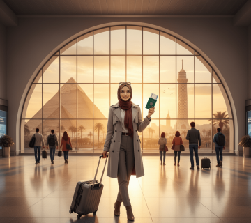Woman at airport with suitcase and passport, pyramids and Cairo Tower in background.